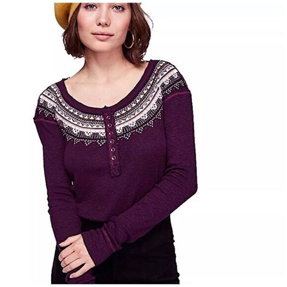 𝅺FREE People Fair Isle Embroidered Thermal Henley - Picture 5 of 10